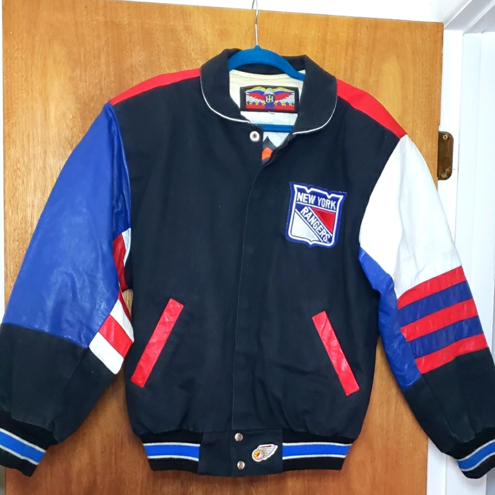 NY Rangers Varsity Leather Trimmed Jacket by JH Design - Jeff Hamilton